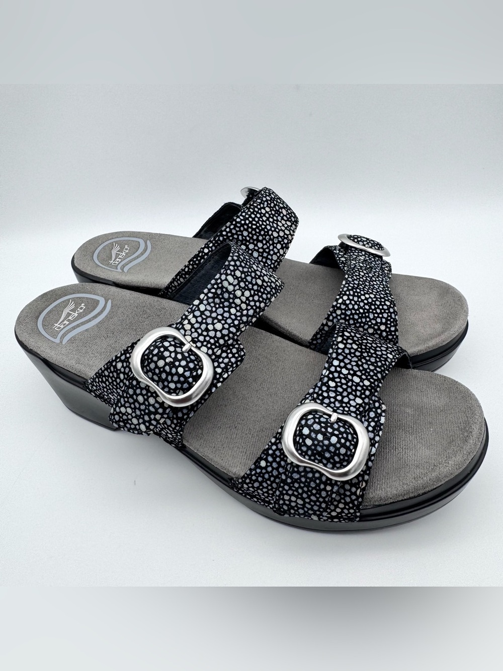 Dansko Sophie Sandals Black Metallic Dot Women  EU 38 US 7.5 8 Double Strap
